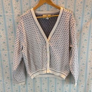 Vintage Winona Knits White and Blue Patterned Women's Cardigan - Size XL